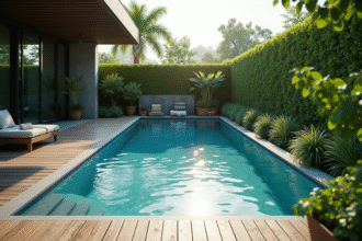 Piscine moderne dans un jardin écologique avec plantes et pierre naturelle
