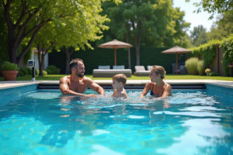 Piscine moderne dans jardin avec couverture solaire et thermometre