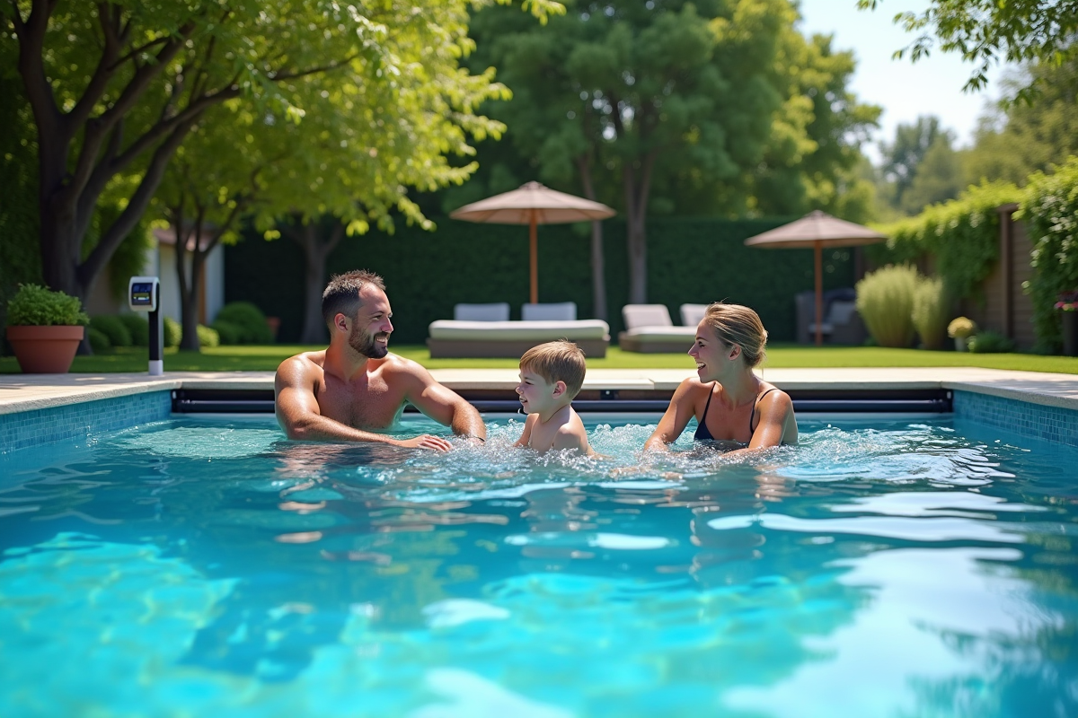Piscine moderne dans jardin avec couverture solaire et thermometre