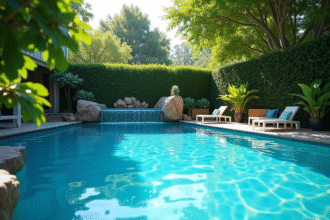 Piscine naturelle avec eau bleue claire et végétation