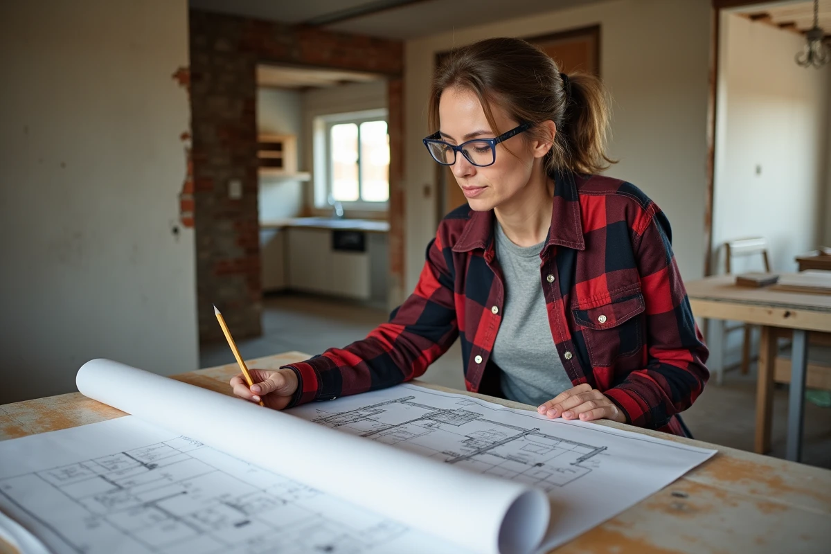 Femme consultant un plan d'architecte pour l'ouverture d'un mur non porteur entre cuisine et salon