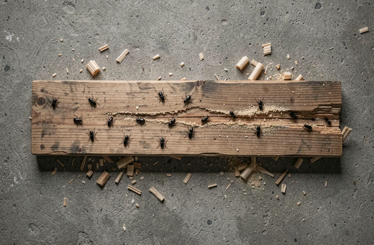 Vue de dessus d'une planche en bois endommagée par des insectes xylophages avec galeries et sciure visible
