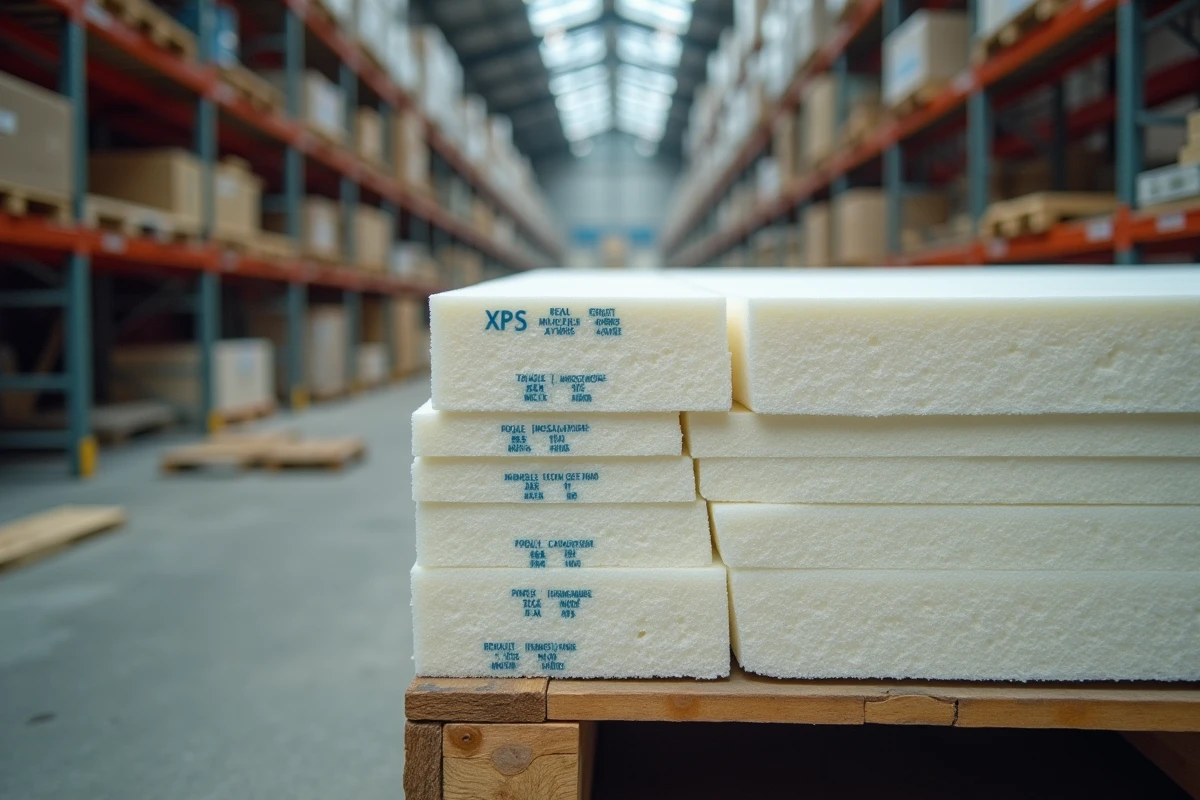Plaques de polystyrène extrudé empilées en entrepôt montrant les rainures et languettes ainsi que la texture cellulaire du matériau isolant