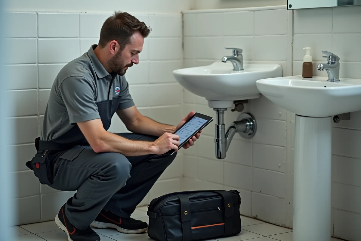 Plombier consultant un devis numérique sur tablette lors d'une intervention de petits travaux