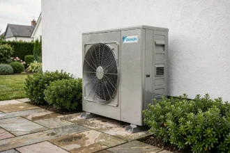 Pompe à chaleur Daikin 16 kW installée en extérieur contre un mur blanc dans un jardin résidentiel