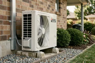 Pompe à chaleur Mitsubishi Zubadan 11 kW installée en extérieur contre le mur d'une maison contemporaine