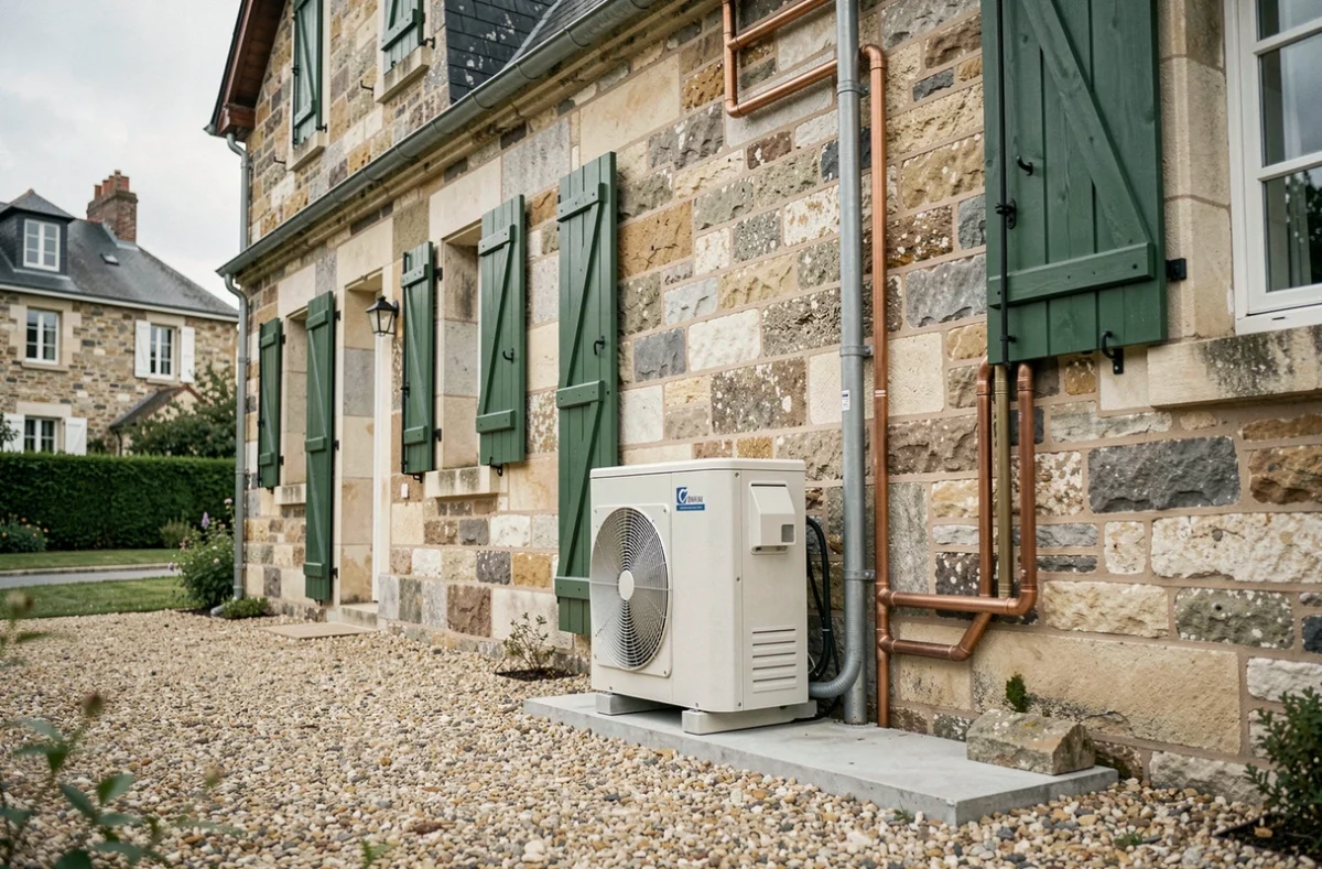 Pompe à chaleur air-eau installée en extérieur sur une maison en pierre typique avec raccordement mural vers les radiateurs intérieurs