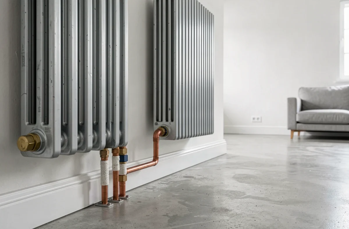 Pompe à chaleur murale installée à côté d'un radiateur acier dans une maison rénovée moderne avec raccordement en cuivre apparent
