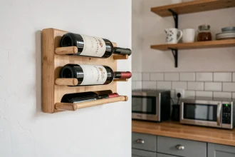 Porte bouteille mural en bois chêne clair fixé sur un mur de cuisine blanche avec bouteilles de vin rangées horizontalement