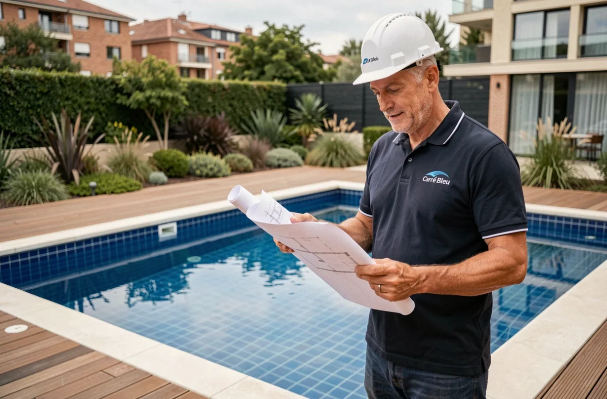 Pisciniste professionnel Portelli devant une piscine Carré Bleu en carrelage bleu avec terrasse en bois à Toulouse