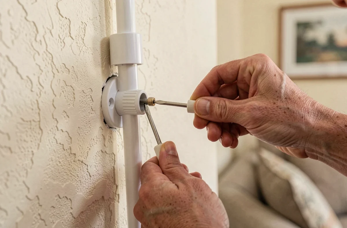 Gros plan sur la pose d'un conduit PVC en saillie pour installation prise TV murale sans saignée