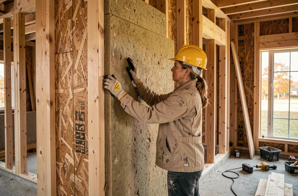 Ouvrière posant des panneaux isolants en fibre de bois dans une ossature bois de maison passive