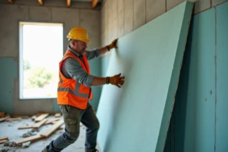 Ouvrier posant une plaque d'isolation thermique en polystyrène extrudé sur un mur en béton dans un chantier de construction