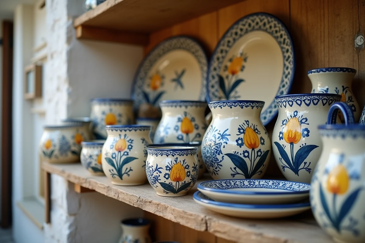 Poteries alsaciennes peintes à la main avec motifs traditionnels exposées dans l'atelier Beck à Soufflenheim