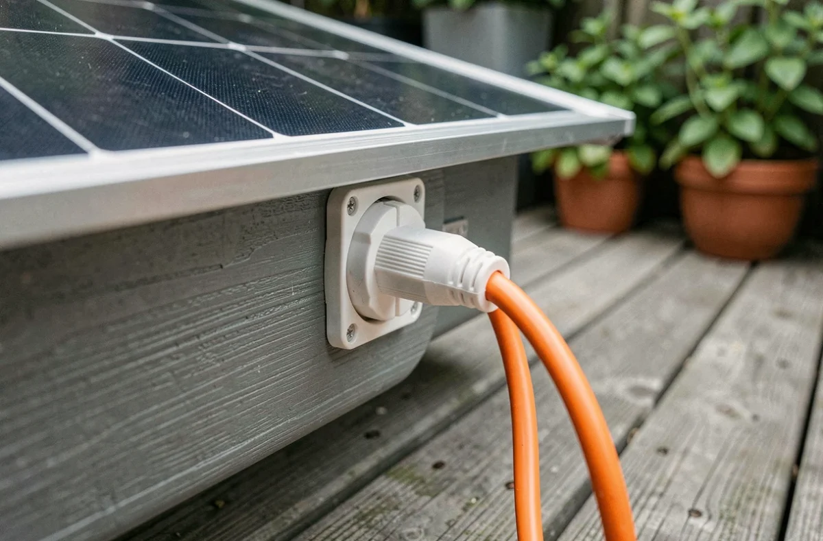 Prise de courant intégrée à un panneau solaire portable posé sur une terrasse en bois
