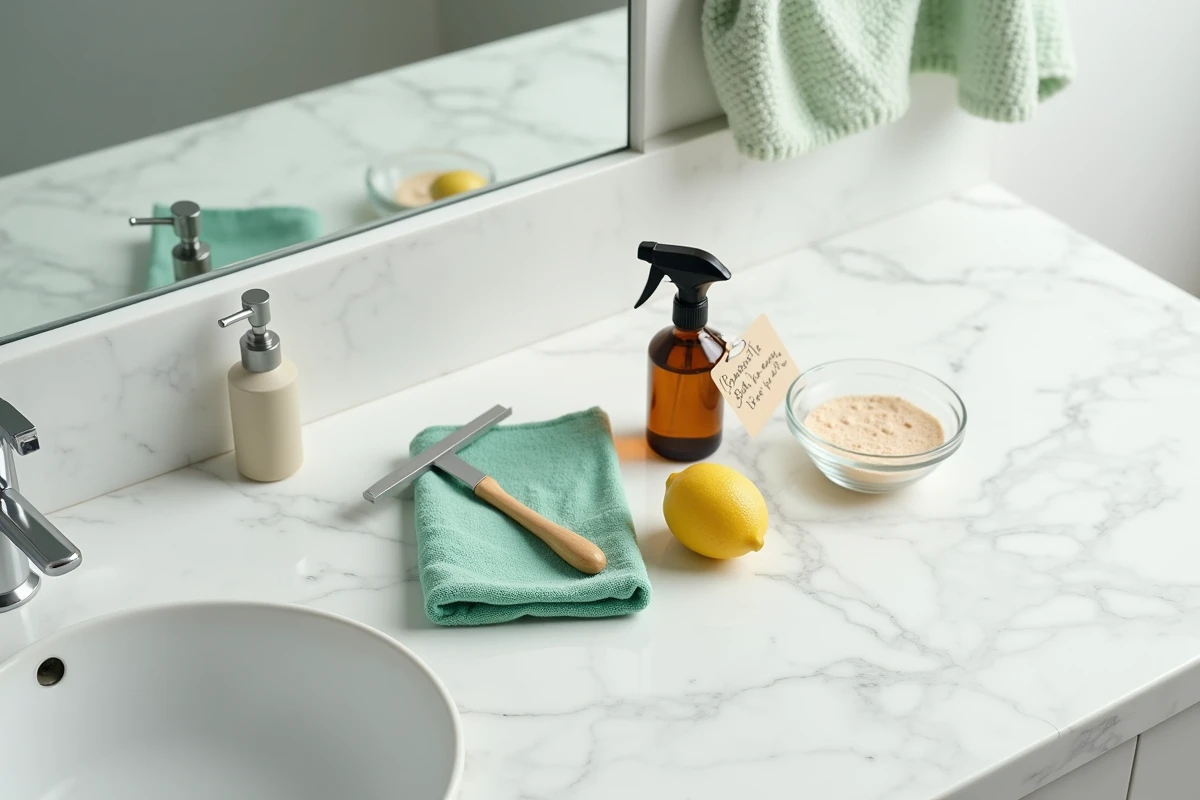 Produits naturels pour nettoyer un miroir disposés sur un plan en marbre : vinaigre, citron, bicarbonate et microfibre