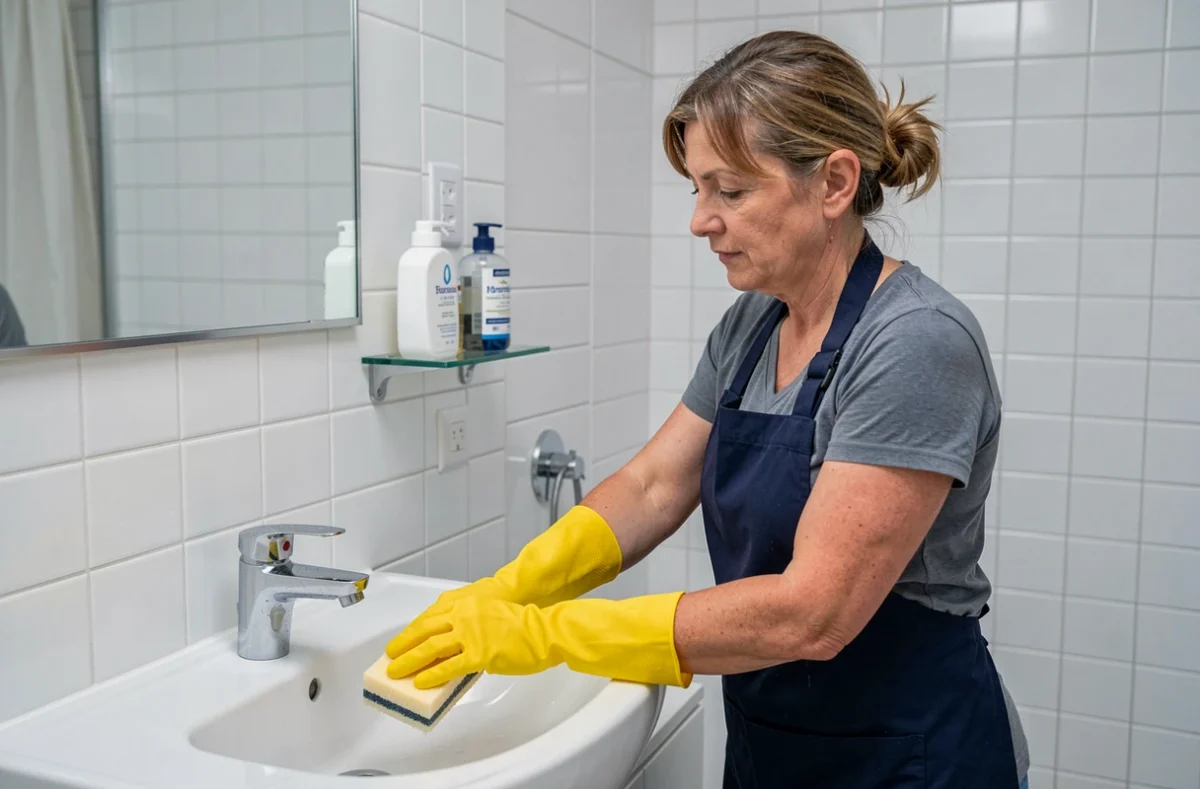 Professionnelle de ménage nettoyant un lavabo dans une salle de bain carrelée à Rennes