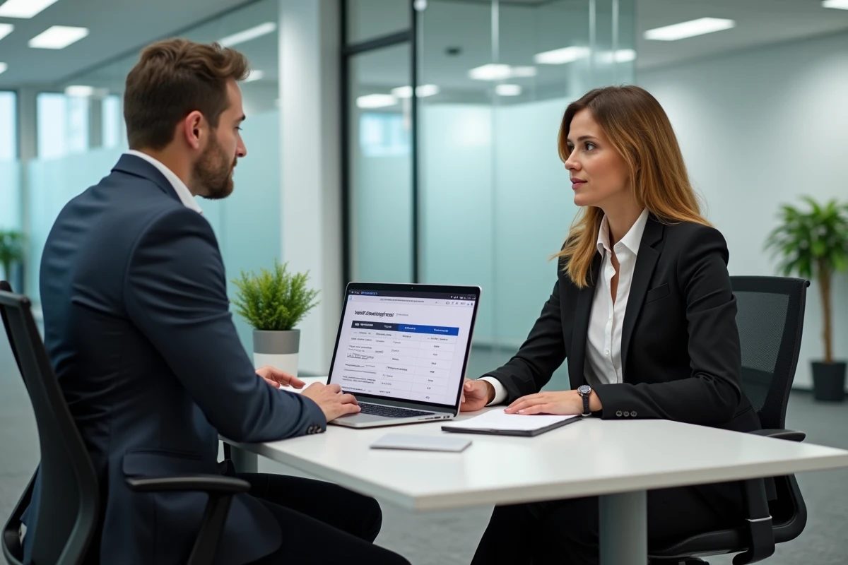 Deux professionnels comparant des plateformes de devis de travaux en ligne dans un bureau moderne