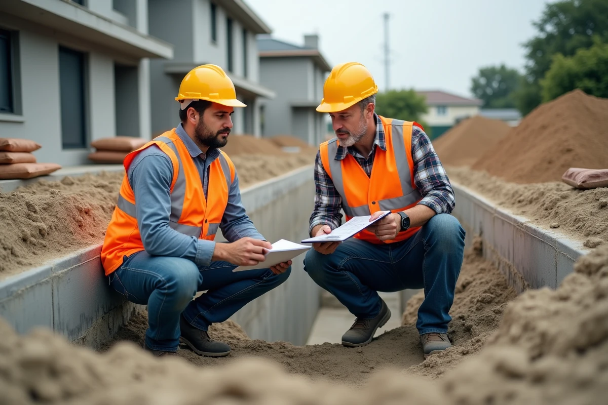 Deux professionnels du bâtiment examinant les fondations en béton sur un chantier de construction