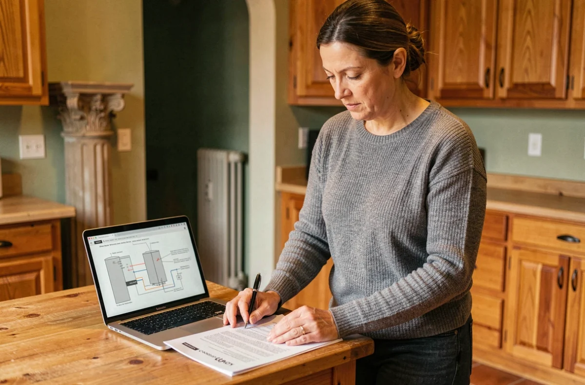 Propriétaire étudiant un document technique sur l'installation d'une pompe à chaleur compatible avec ses radiateurs existants