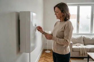 Femme réglant un radiateur à accumulation électrique blanc dans un salon contemporain en hiver