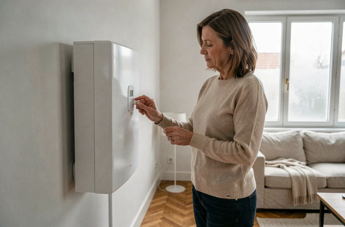 Femme réglant un radiateur à accumulation électrique blanc dans un salon contemporain en hiver