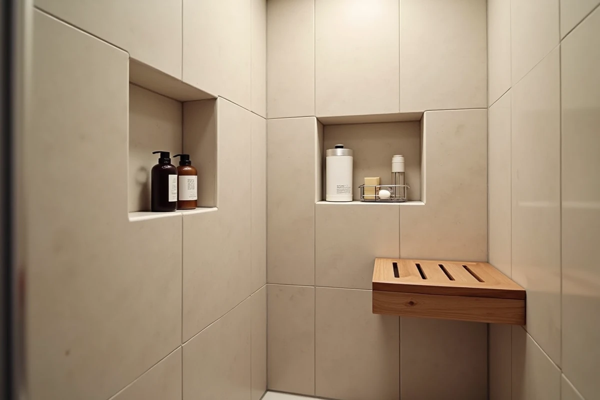 Rangements gain de place sous la douche dans une salle de bain 4m2 : niche encastrée, organisateur magnétique et banc pliant en teck