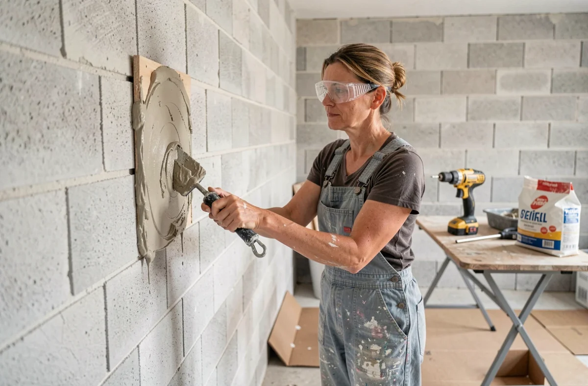 Femme appliquant un enduit de rebouchage sur les joints d'un mur en parpaings dans un espace intérieur en rénovation