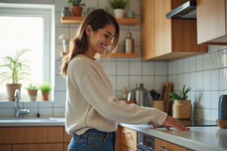 Femme appliquant adhésif sur meuble de cuisine moderne
