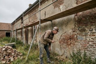 Façade en brique ancienne d'une maison du Nord en cours de rénovation avec un artisan inspectant les joints détériorés
