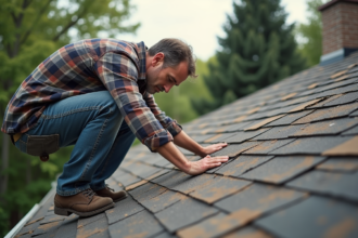 Ouvrier couvreur examinant des tuiles endommagées sur un toit