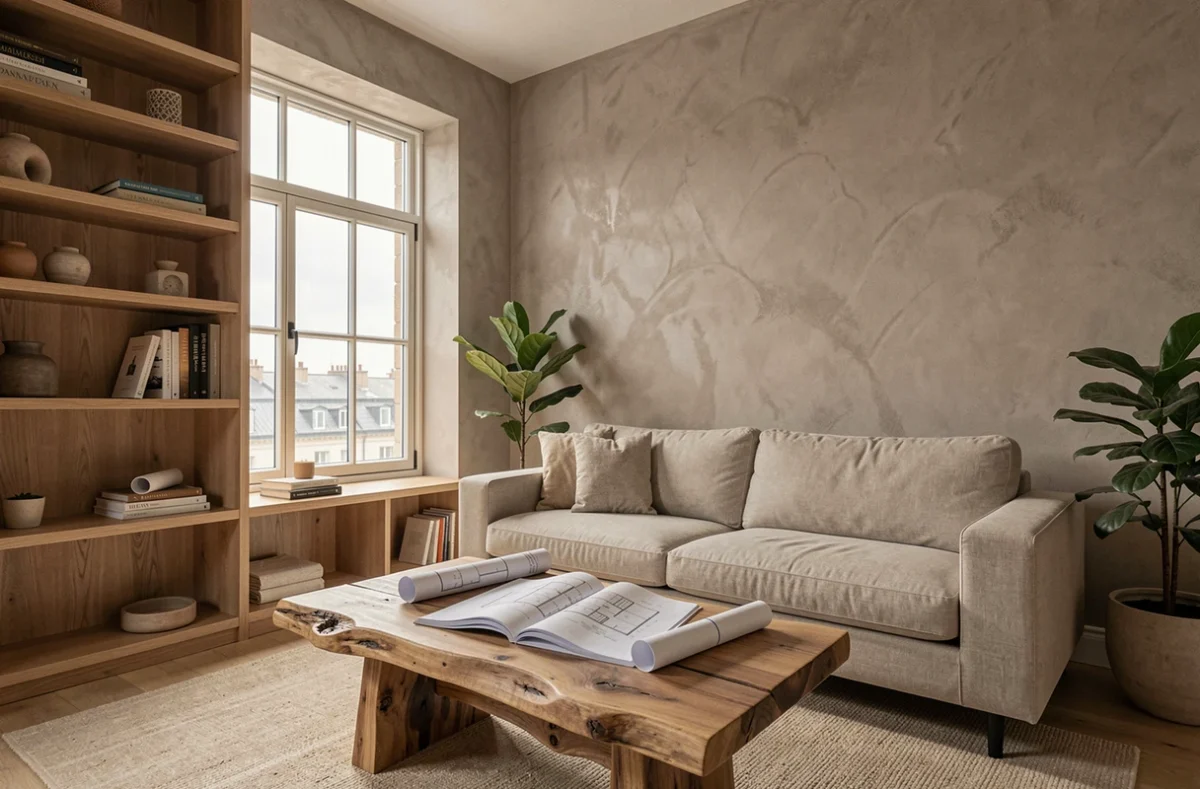 Résultat final d'un projet d'architecture d'intérieur dans un appartement contemporain parisien avec portfolio architectural posé sur le canapé