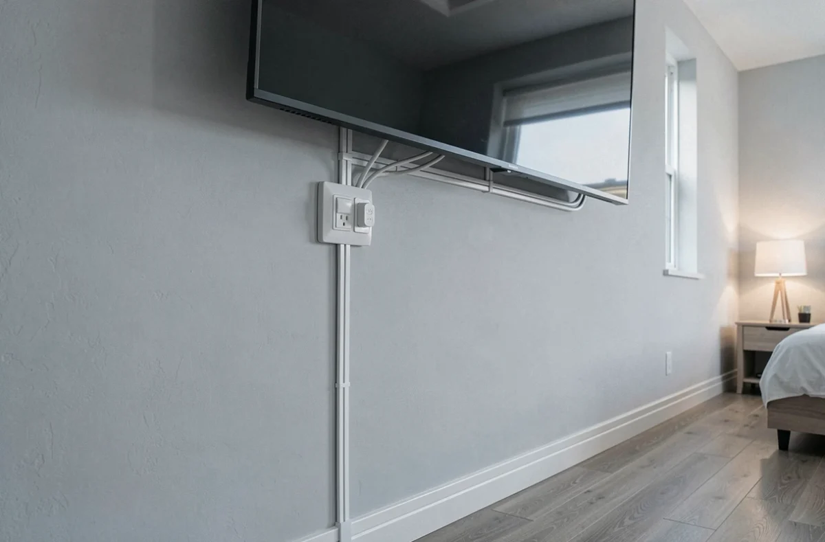 Résultat final d'une installation prise TV murale sans saignée avec cache-câble adhésif dans une chambre moderne