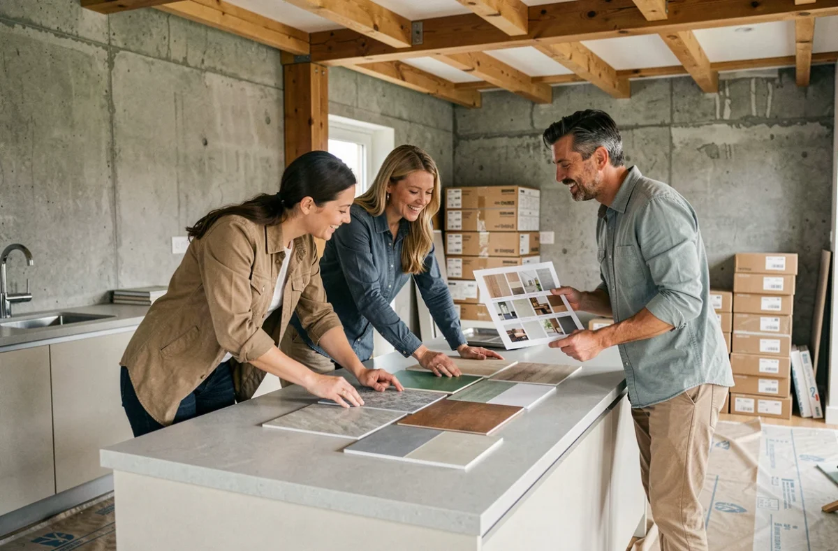 Couple en réunion de chantier avec leur architecte d'intérieur autour d'un îlot de cuisine en rénovation, consultant des échantillons de matériaux