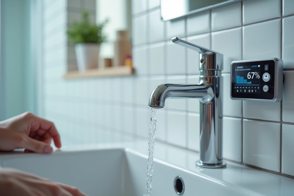 Robinet de salle de bain ouvert avec un compteur de consommation d'eau numérique mural, illustrant le suivi du coût de l'eau au quotidien