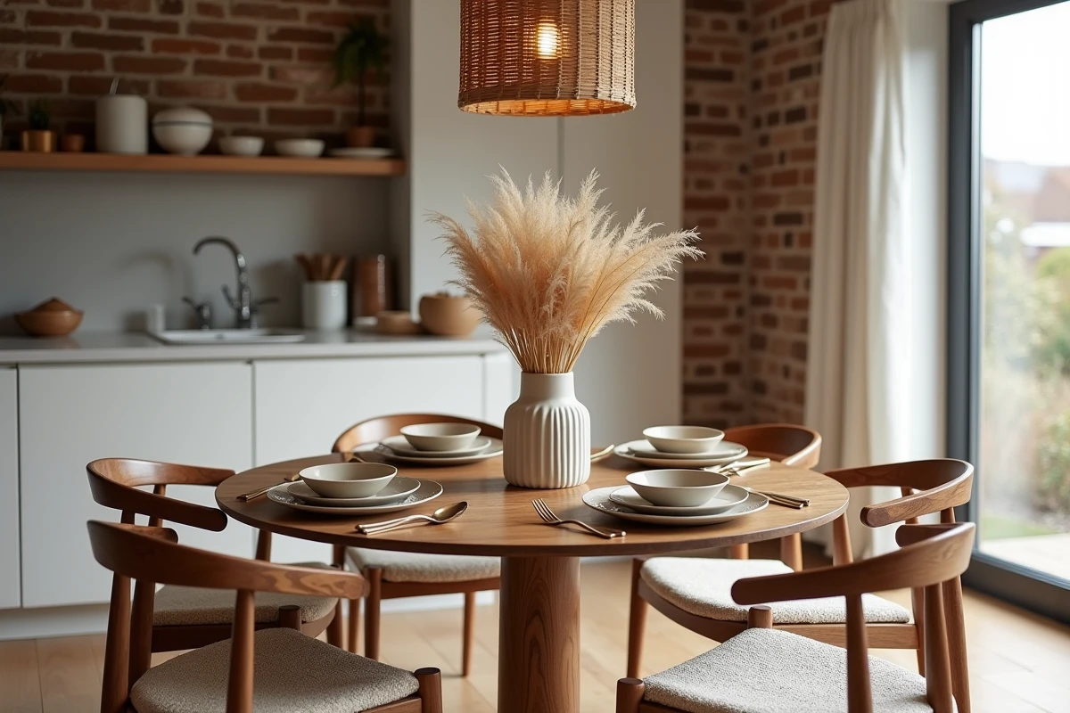Salle à manger conviviale avec table ronde en noyer, vaisselle artisanale en grès et chaises en chêne fumé pour un intérieur chaleureux et design