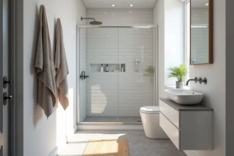 Petite salle de bain 4m2 sans WC avec douche à l'italienne, niche murale et meuble vasque flottant pour optimiser l'espace