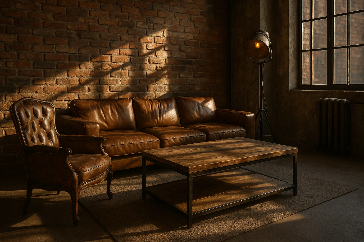 Salon industriel avec canapé en cuir et mur en briques