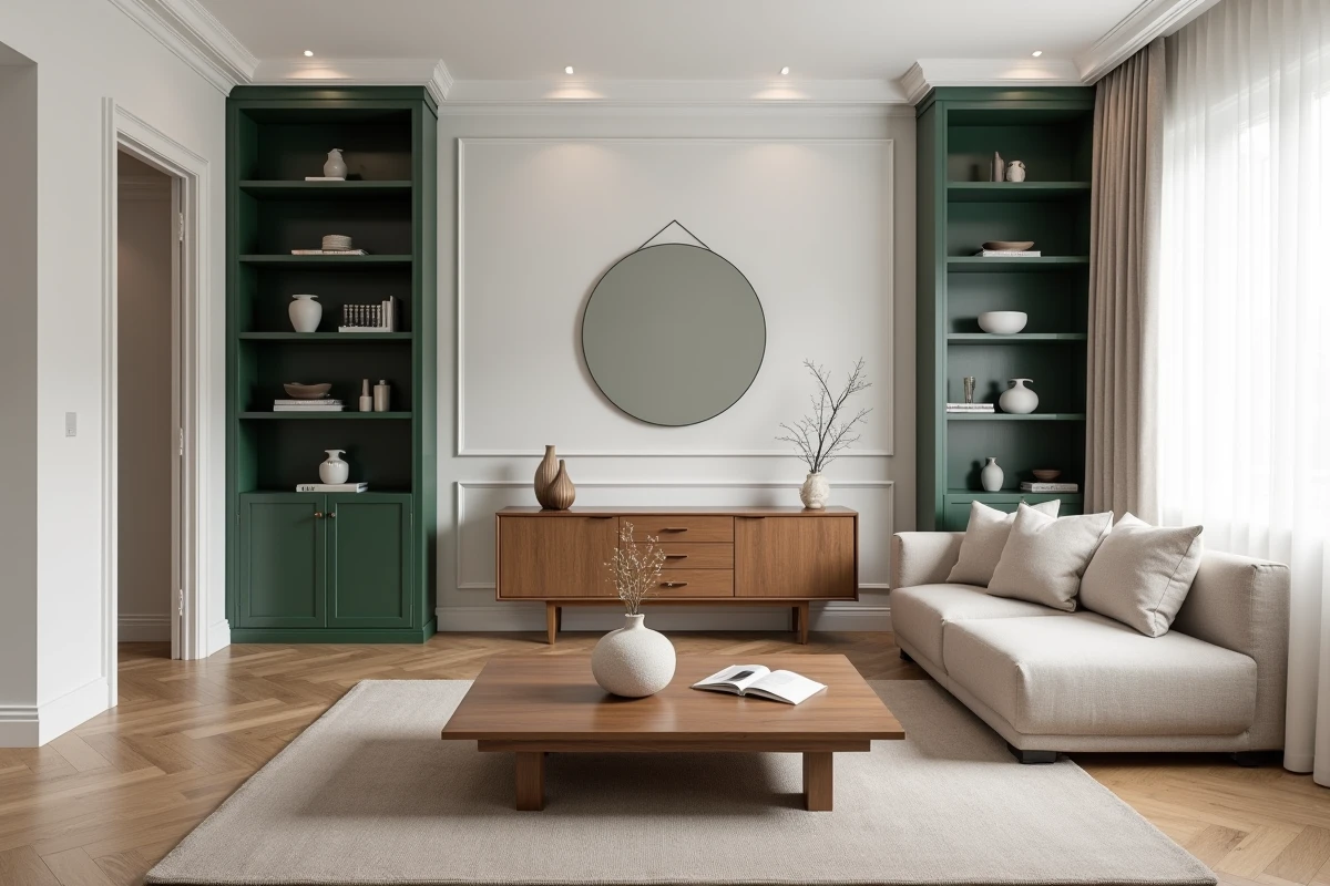 Salon refait après accompagnement d'une décoratrice intérieur avec canapé bouclé, bibliothèque vert forêt et parquet en chevrons