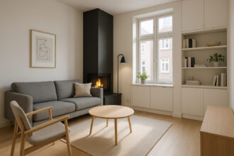 Salon moderne avec cheminée et mobilier scandinave