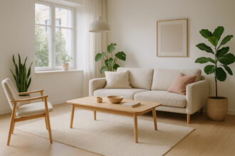 Salon scandinave moderne avec canapé en tissu naturel