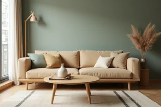 Salon scandinave minimaliste avec canapé bouclé beige, table basse en chêne et mur en plâtre vert sauge pour un intérieur moderne et chaleureux