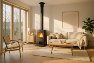 Salon scandinave moderne avec poele noir et grande fenetre