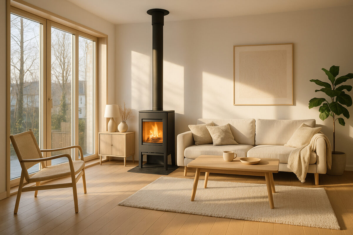 Salon scandinave moderne avec poele noir et grande fenetre
