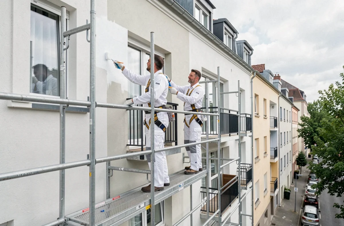 Équipe SAS AJM Peinture travaillant en hauteur sur l'échafaudage d'un immeuble en Moselle