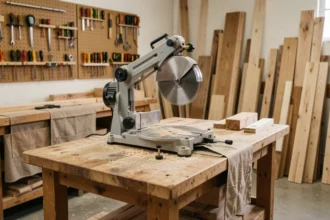 Scie radiale professionnelle posée sur un établi en bois dans un atelier de menuiserie organisé, avec copeaux de bois et outils en arrière-plan