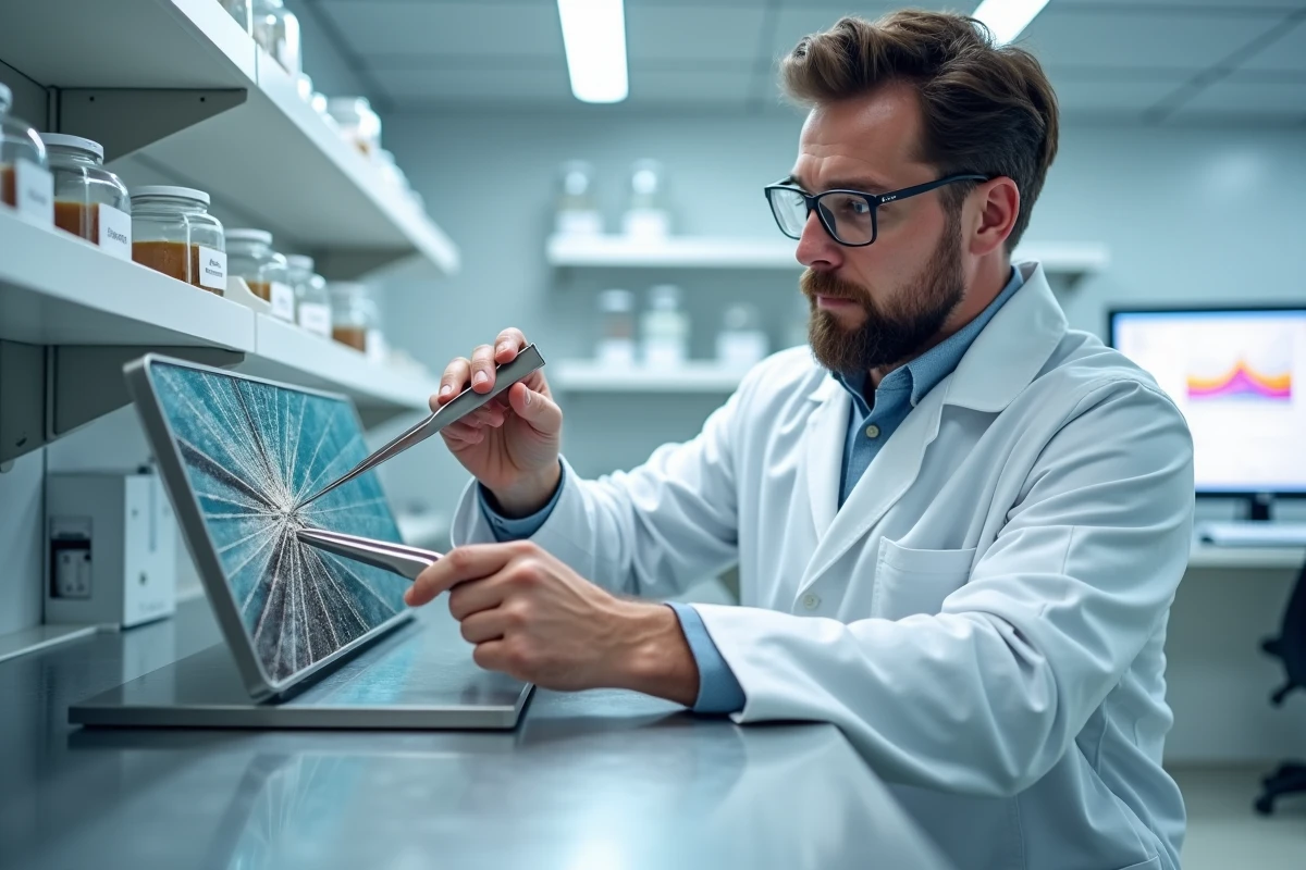 Scientifique analysant les fractures d'un miroir brisé en laboratoire avec une approche rationnelle et moderne