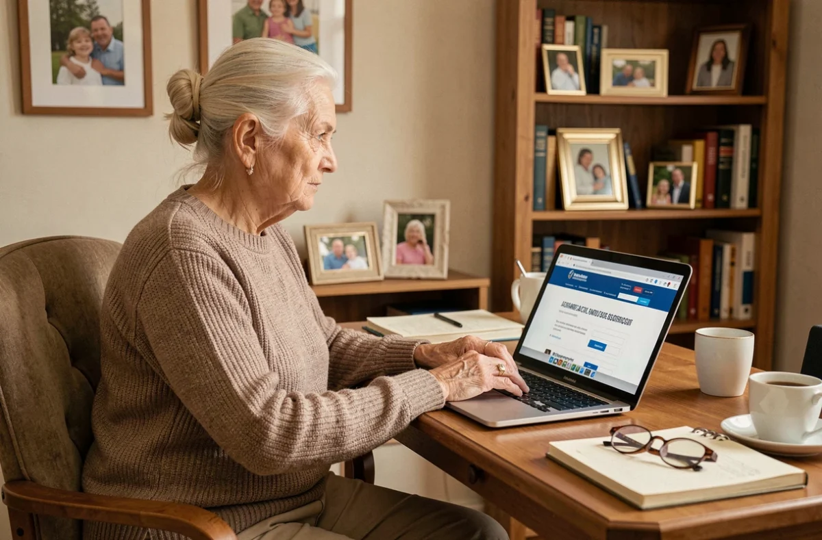 Une femme âgée recherche des informations sur les aides ménagères en ligne depuis son domicile