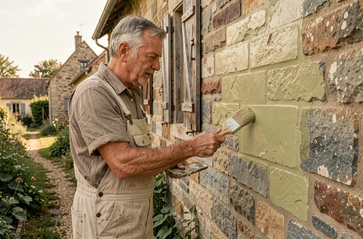 Artisan Societe Nouvelle Schreiber appliquant un badigeon à la chaux sur une ferme lorraine en pierre