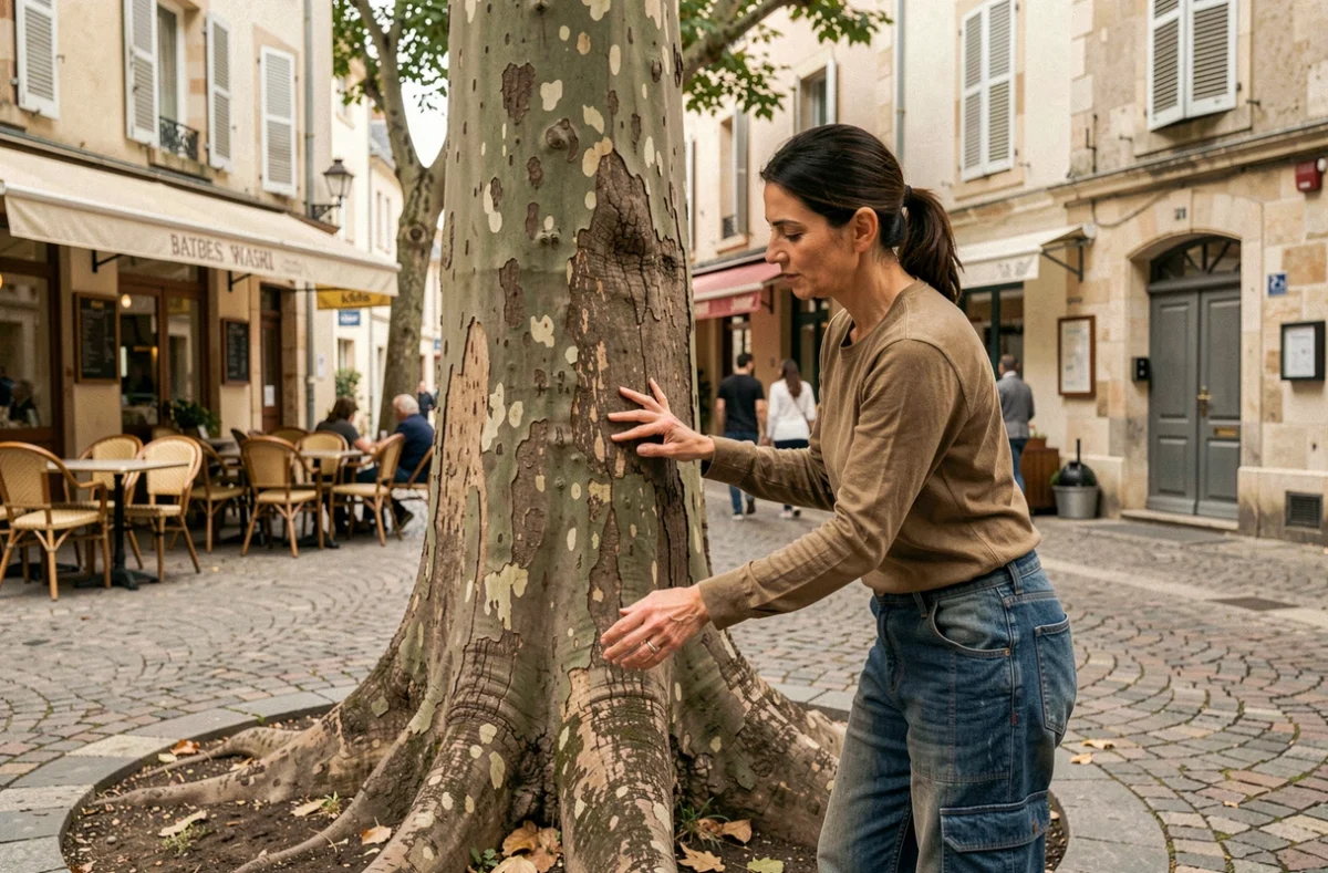 Femme spécialiste en arboriculture inspectant un platane centenaire sur une place publique dans le style des villes du sud-ouest de la France